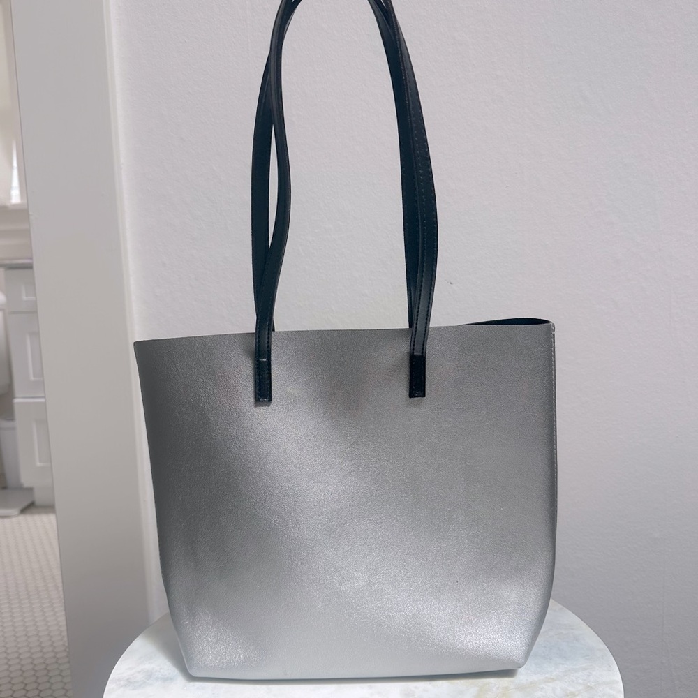 Nordstrom Leather Small Tote Silver with Black Straps & Black Suede Interior EUC